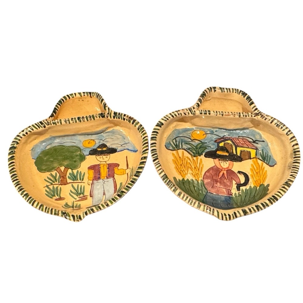 Flosa Redondo‎ Signed Portugal Folk Art Dish Farm Hand Painted Pottery *PAIR*